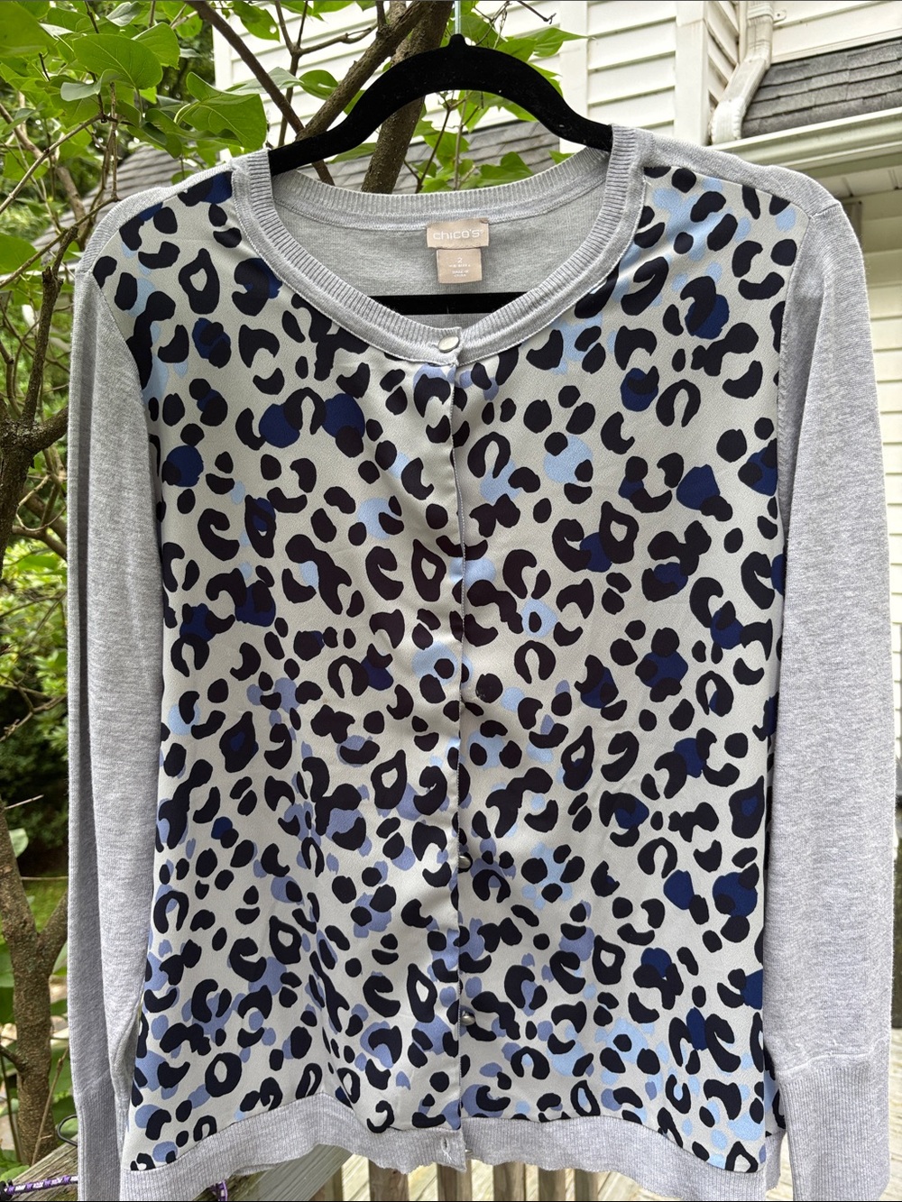 Chico's Gray Leopard Print Button Front Cardigan
